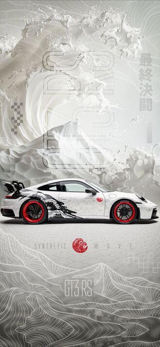 обои на телефон Белый спортивный автомобиль Porsche 911 GT3 RS с красными дисками и черной графикой на боку, на фоне стилизованных белых волн и гор с японскими и английскими надписями (SYNTHETIC, GT3 RS)