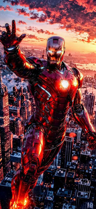 обои на телефон Железный человек / Iron Man в красном костюме летит над городом, подняв правую руку, на фоне оранжевого заката и небоскребов с высоты птичьего полета
