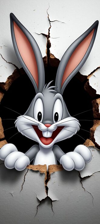 обои на телефон Багз Банни / Bugs Bunny из мультфильма Looney Tunes / Looney Tunes выглядывает из пролома в стене, улыбается, на фоне темного проема и разрушенной белой стены