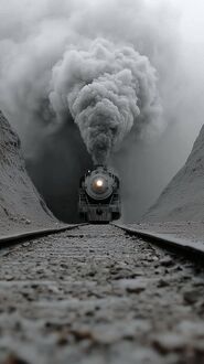 Обои на телефон Паровоз движется по железнодорожным путям, выпуская густой дым, на фоне скалистых стен и туманного неба