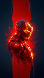 Обои на телефон Костюм Железного человека из фильма Железный человек / Iron Man светится красным и золотым светом, окружен красными брызгами на темном фоне с вертикальной красной полосой