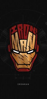 Обои на телефон Шлем Железного человека из фильма Железный человек / Iron Man, с надписью (IRON MAN) на фоне темных технических чертежей