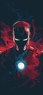 Обои на телефон Железный человек из фильма Железный человек / Iron Man в красно-золотом костюме с горящими глазами и светящимся реактором на груди, на фоне красного и синего дыма