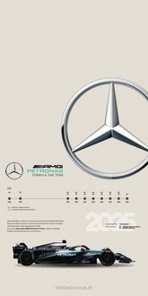 Обои на телефон Черный и голубой гоночный автомобиль Формулы-1 Mercedes-AMG Petronas (AMG PETRONAS FORMULA ONE TEAM, 2025) с крупным логотипом Mercedes-Benz на светло-бежевом фоне