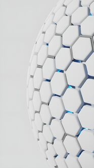 Обои на телефон Крупный план части сферического объекта, состоящего из множества белых шестиугольных элементов, между которыми пробивается синее свечение, на белом фоне