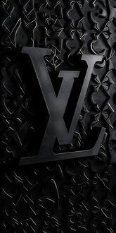 Обои на телефон Объемный черный логотип Louis Vuitton / Louis Vuitton с инициалами LV на переднем плане, на фоне рельефного черного узора, создающего текстуру
