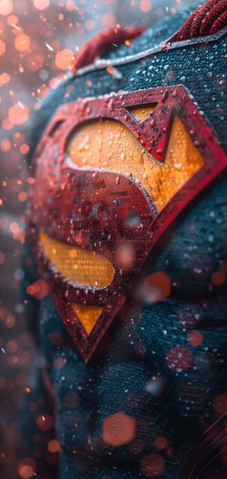 обои на телефон Эмблема Супермена из фильма Супермен / Superman на его синем костюме, покрытая каплями воды и частицами снега, на фоне размытых оранжевых огней