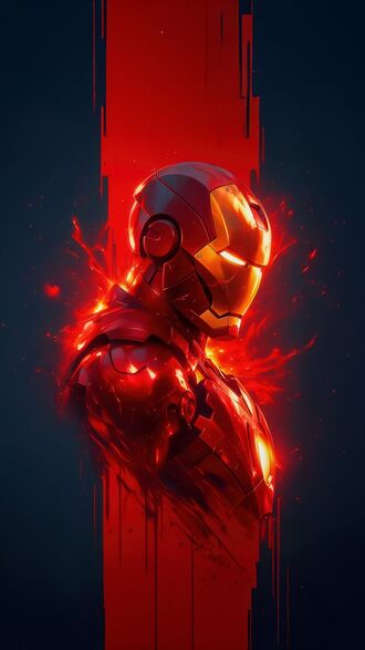 обои на телефон Костюм Железного человека из фильма Железный человек / Iron Man светится красным и золотым светом, окружен красными брызгами на темном фоне с вертикальной красной полосой