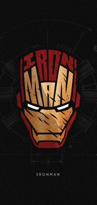 обои на телефон Шлем Железного человека из фильма Железный человек / Iron Man, с надписью (IRON MAN) на фоне темных технических чертежей