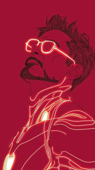 обои на телефон Тони Старк / Tony Stark из фильма Железный человек / Iron Man смотрит вверх, его тело покрыто красными светящимися линиями, напоминающими элементы костюма, на красном фоне