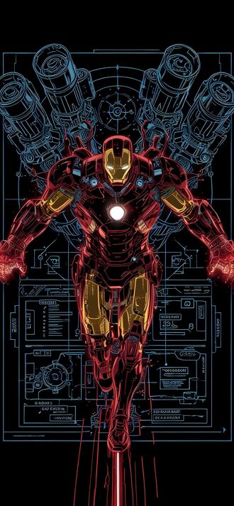 обои на телефон Железный человек из фильма Железный человек / Iron Man в красном и золотом костюме летит вперед, на фоне синих чертежей и схем на черном фоне