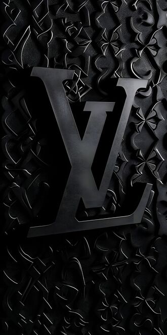 обои на телефон Объемный черный логотип Louis Vuitton / Louis Vuitton с инициалами LV на переднем плане, на фоне рельефного черного узора, создающего текстуру