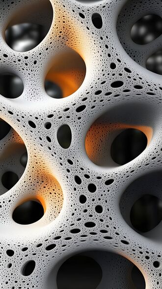 обои на телефон Белая пористая 3D-текстура, напоминающая коралл, с множеством мелких отверстий и крупными углублениями, из которых исходит оранжевое свечение, на темном фоне