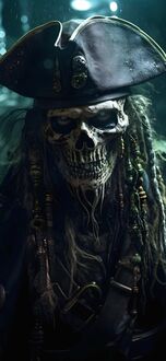 Обои на телефон Скелет пирата из фильма Пираты Карибского моря / Pirates of the Caribbean в черной шляпе и с дредами