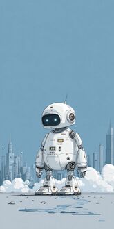 Обои на телефон Белый робот с круглым туловищем и светящимися глазами на каменистой поверхности на фоне города с небоскребами и облаков под голубым небом
