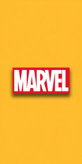 Обои на телефон Логотип компании Marvel в виде белой надписи (MARVEL) в красном прямоугольнике на желтом фоне