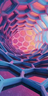 Обои на телефон Абстрактный туннель из синих и фиолетовых шестиугольных ячеек уходит вглубь на фоне светящегося оранжево-розового центра с такими же сотами