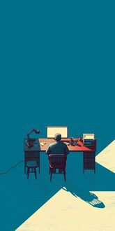 Обои на телефон Мужчина за столом с компьютером смотрит в монитор, на фоне синих и желтых блоков света и тени