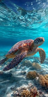 Обои на телефон Большая морская черепаха плывет под водой, на фоне песчаного дна с кораллами и поверхности океана