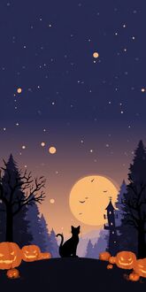 Обои на телефон Черный кот на холме среди вырезанных тыкв на фоне ночного леса, замка, большой луны и звездного неба