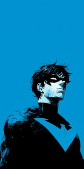 Обои на телефон Портрет персонажа комиксов DC Найтвинг / Nightwing в черном костюме с синим символом и маске на лице на синем фоне