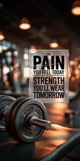 Обои на телефон Черная металлическая гантель на скамье (THE PAIN YOU FEEL TODAY IS THE STRENGTH YOULL WEAR TOMORROW) на фоне размытого интерьера спортивного зала с теплым освещением