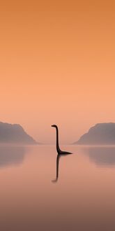 Обои на телефон Лох-Несское чудовище / Loch Ness Monster, Шотландия / Scotland, в озере с отражением на фоне гор в тумане под оранжевым небом