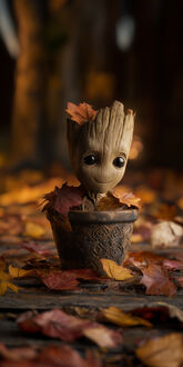 Обои на телефон Малыш Грут из фильма Стражи Галактики / Guardians of the Galaxy в цветочном горшке усыпанной осенними листьями,