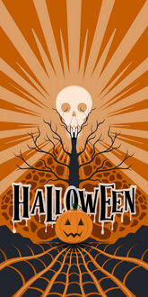 Обои на телефон Светильник джека (HALLOWEEN) на паутине, на фоне голого дерева с черепом на вершине и расходящихся оранжевых лучей