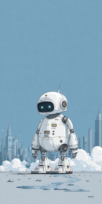 обои на телефон Белый робот с круглым туловищем и светящимися глазами на каменистой поверхности на фоне города с небоскребами и облаков под голубым небом