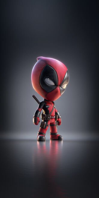 обои на телефон Маленькая фигурка Дэдпула / Deadpool в красно-черном костюме с мечом за спиной на темной отражающей поверхности на темно-сером фоне