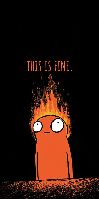 обои на телефон Нарисованный оранжевый персонаж с горящей головой (THIS IS FINE) на черном фоне