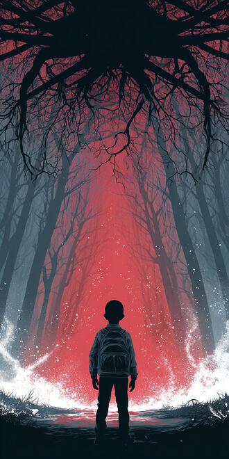 обои на телефон Мальчик в куртке из сериала Очень странные дела / Stranger Things на тропе в темном лесу на фоне красного свечения и силуэта монстра в небе