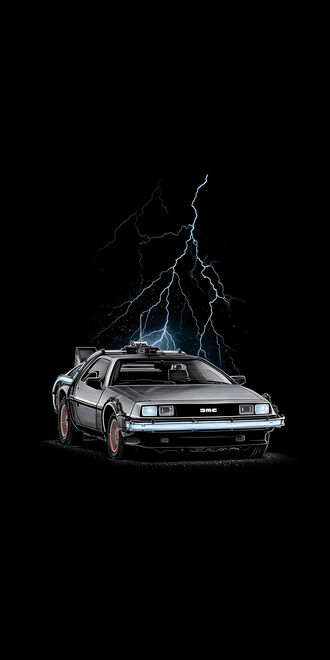 обои на телефон Автомобиль DeLorean из фильма Назад в будущее / Back to the Future на фоне разряда молнии на черном фоне