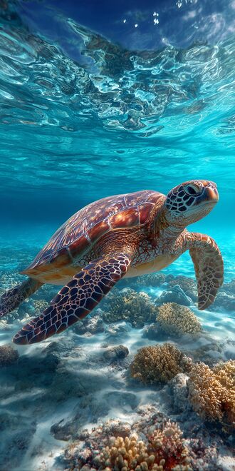 обои на телефон Большая морская черепаха плывет под водой, на фоне песчаного дна с кораллами и поверхности океана