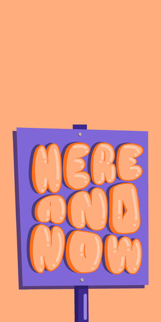обои на телефон Фиолетовый знак на столбе с объемной надписью (HERE AND NOW) оранжевого цвета на оранжевом фоне