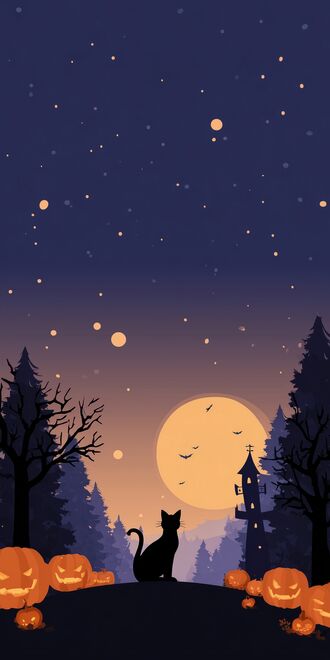 обои на телефон Черный кот на холме среди вырезанных тыкв на фоне ночного леса, замка, большой луны и звездного неба