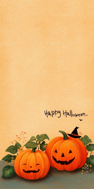 обои на телефон Два светильника Джека, одна в шляпе ведьмы, с надписью (Happy Halloween.) на оранжевом фоне
