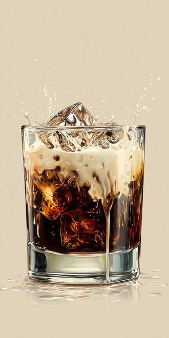 обои на телефон Стеклянный стакан с коктейлем Белый Русский / White Russian, льдом и брызгами жидкости на светло-бежевом фоне