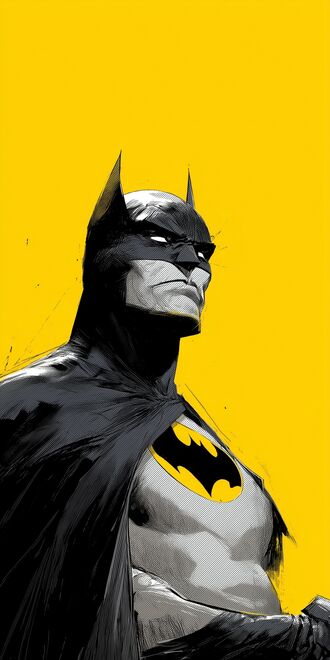 обои на телефон Бэтмен из вселенной DC Comics universe в черно-сером костюме с желтой эмблемой на груди смотрит в сторону на желтом фоне