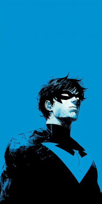обои на телефон Портрет персонажа комиксов DC Найтвинг / Nightwing в черном костюме с синим символом и маске на лице на синем фоне