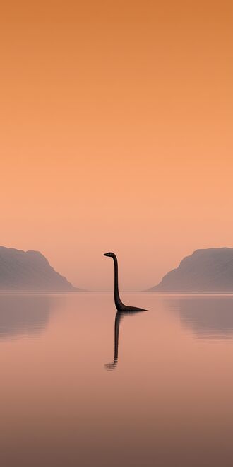 обои на телефон Лох-Несское чудовище / Loch Ness Monster, Шотландия / Scotland, в озере с отражением на фоне гор в тумане под оранжевым небом