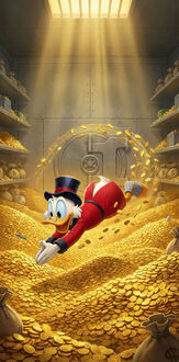 Обои на телефон Скрудж Макдак из Утиные истории / DuckTales ныряет в золотые монеты на фоне хранилища с полками