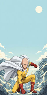 Обои на телефон Сайтама из фильма One-Punch Man / One-Punch Man в желтом костюме приседает среди обломков, на фоне разрушенного города и неба с солнцем